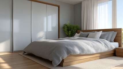 Modern interior decor of a cozy bedroom with grey bed, soft bedding, neutral rug, and natural daylight through sheer curtains enhancing serene and stylish living space.