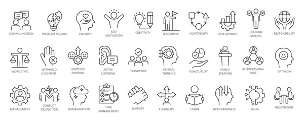 Skills line icon set. Containing communication, problem solving, empathy, leadership, creativity, punctuality, work ethics, responsibility and more. Editable stroke. Vector illustration.