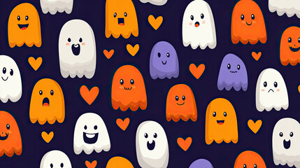Cute colorful ghost cartoon pattern with happy and sad faces