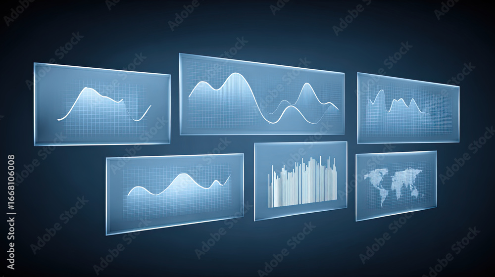 Poster digital data charts with graphs and world map on blue background