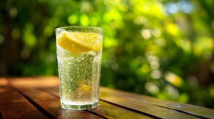 Iced lemonade with condensation outdoors against green foliage perfect for lifestyle blog and beverage design
