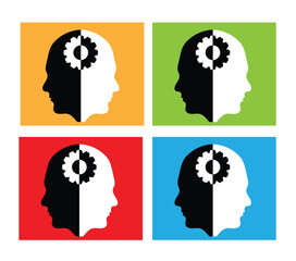 Abstract Human Heads with Cogwheel Gear Different Colors Set. Thinking and psychology concept vector art