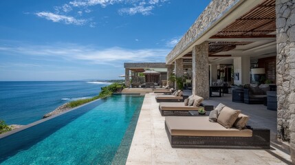 Fototapeta premium Luxurious villa with infinity pool overlooking ocean view in tropical paradise for relaxation and vacation enjoyment