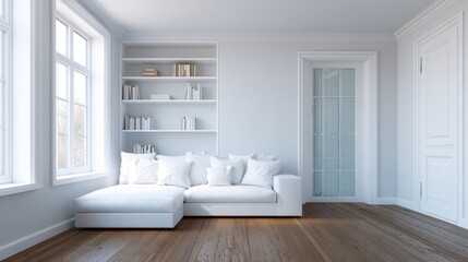 Modern Minimalist Living Room with White Sofa, Wooden Floor, and Natural Light Streaming Through Large Windows