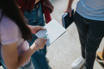A group of young students discussing and sharing ideas while examining a sketch in a notebook...