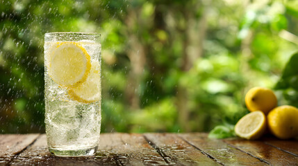 Outdoor lemonade drink with condensation on wood surface suitable for recipe blog and tropical refreshment theme
