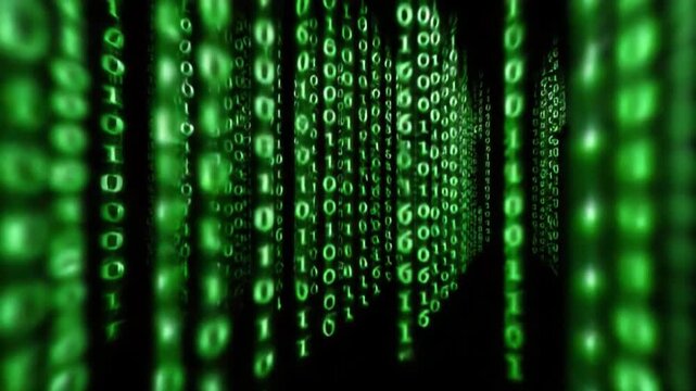Digital Data Stream: A mesmerizing stream of binary code cascades downwards in a matrix-style format, emphasizing the intricate web of digital information.