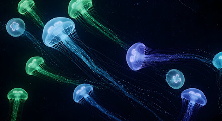 Vibrant Bioluminescent Jellyfish Glowing in Dark Water Creating an Ethereal Underwater Scene.