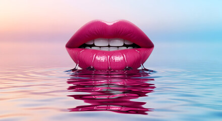Surreal glossy pink lips with dripping lipstick emerging from water.