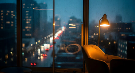 Night City View from Cozy Apartment Window.