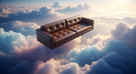 Surreal Floating Couch in a Dreamlike Cloudscape.