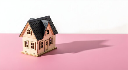 Miniature house model on a pink and white background with shadow representing home and real estate concepts.