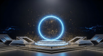 Futuristic Neon Ring Stage with Abstract Particles and Geometric Platforms.
