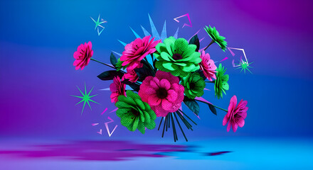 Surreal Floral Arrangement with Geometric Accents in Vibrant Colors.