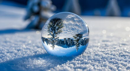 Crystal ball reflecting winter landscape with trees and snow.