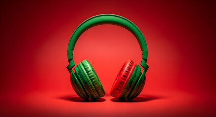 Vibrant green and red headphones on a red background.