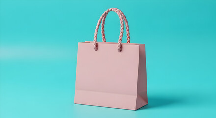 A single pink shopping bag with braided handles against a turquoise background.
