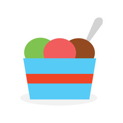 Colorful ice cream scoops sit inside a striped light blue cup against a white background