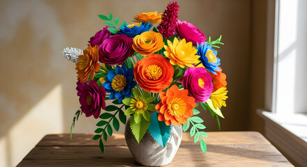 Colorful Paper Flower Bouquet in Vase on Wooden Table.