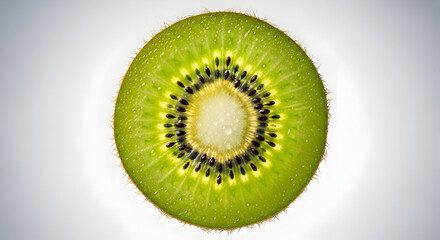 Vibrant Green Kiwi Fruit Slice Backlit on White Background Revealing Seeds and Core.