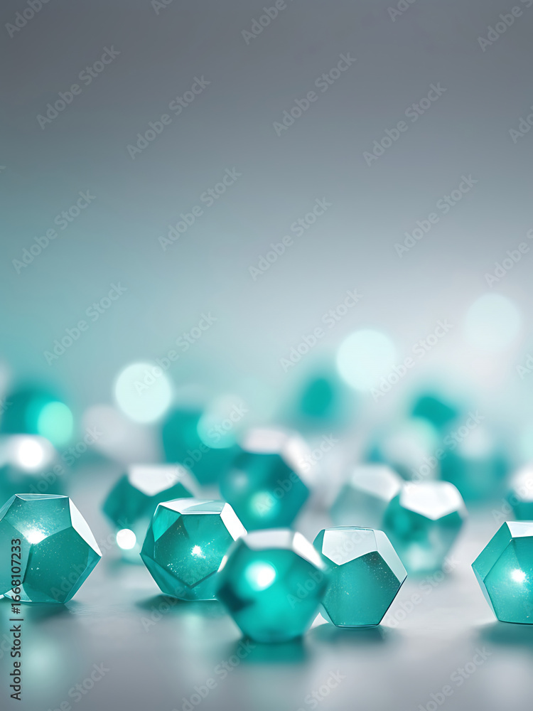 Poster elegant turquoise crystals background. abstract gems with bokeh and copy space.