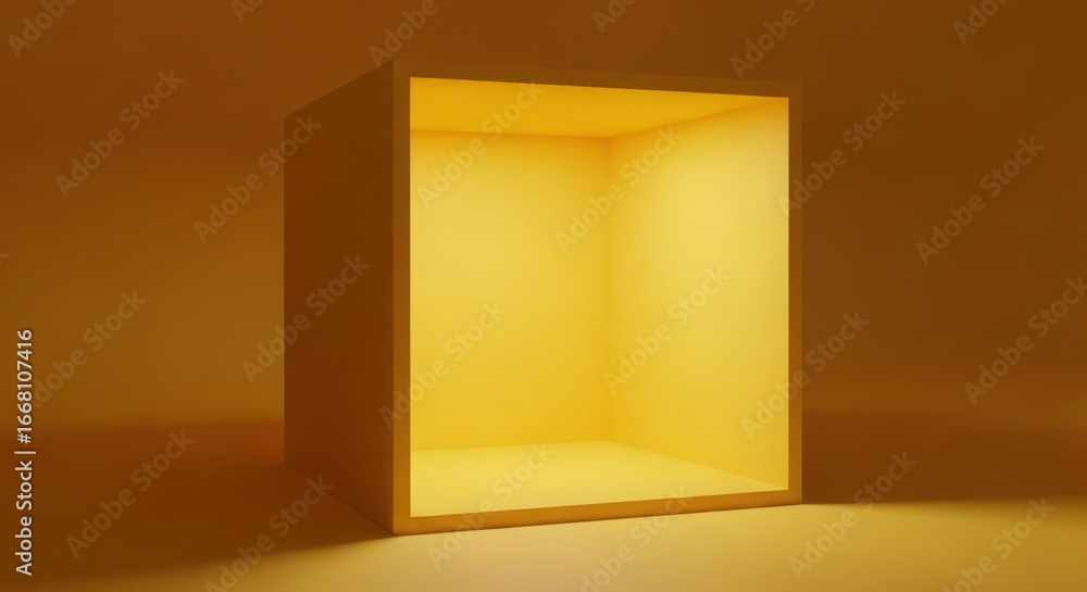 Poster 3d illustration of empty illuminated cube box with warm yellow light emanating from within, casting 