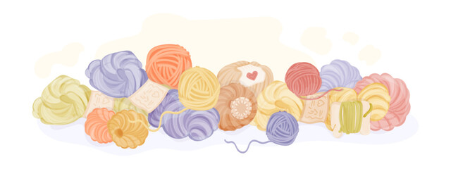Pile of yarn balls for knitting isolated on white background. Wool for knitwork, handicraft, crocheting, hand knitting. Colorfull clews of cotton for hobby or diy. Vector horisontal banner.