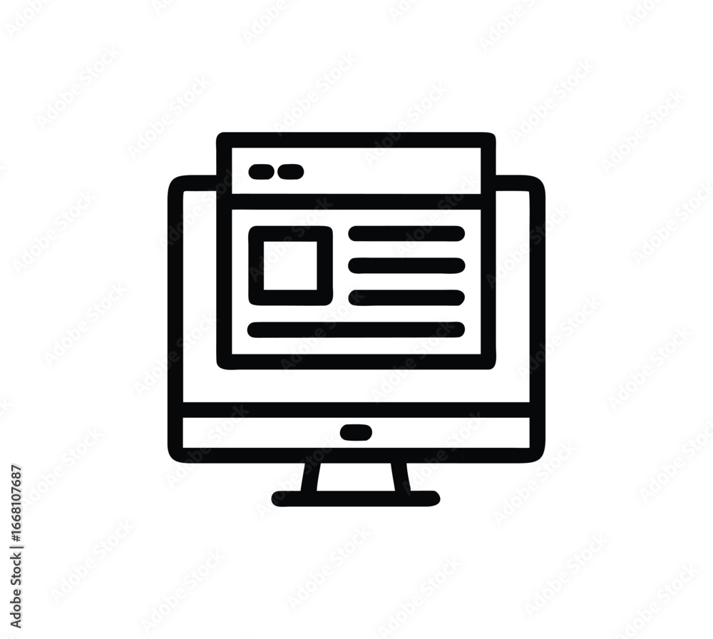 Fototapete line art illustration of a desktop computer displaying a simple webpage layout with text blocks and 