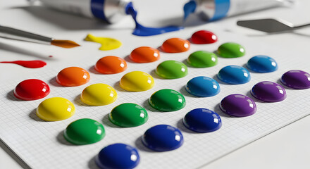 Vibrant paint drops in rainbow colors on white paper with art supplies.