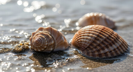 Seashells on the shore with sparkling water and sand.