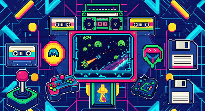 Retro Pixel Art Gaming Background with Arcade Elements and Vintage Technology.