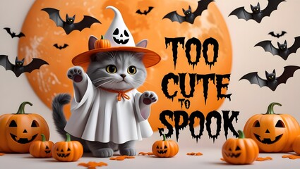 Adorable fluffy kitten in a ghost costume and witch hat celebrates a spooky Halloween, humorously too cute to spook amid pumpkins