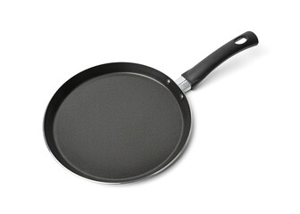 New black frying pan on white background. Frying pan with non-stick coating. Cookware. Kitchen...