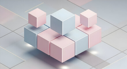 Obraz premium Abstract 3D rendering of pastel pink and blue cubes in a minimalist composition.