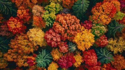 Aerial view of a circular urban park during autumn. The vibrant colorful trees in shades of orange, red, and yellow create a striking abstract pattern.