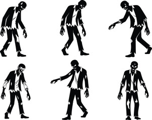 Zombie silhouettes in various poses with tattered clothes, horror theme, Halloween vector illustration for spooky, undead, scary design content.