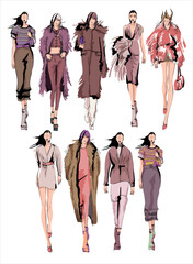Set of young beautiful women in stylish clothes. Fashion sketch