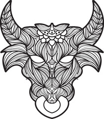 Detailed black and white line art illustration of a stylized bull's head adorned with intricate, flowing decorative patterns.