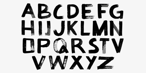 Hand drawn alphabet letters in black ink with rough edges style