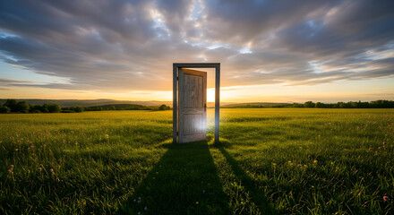 Open Doorway in a Field at Sunset with Golden Light.