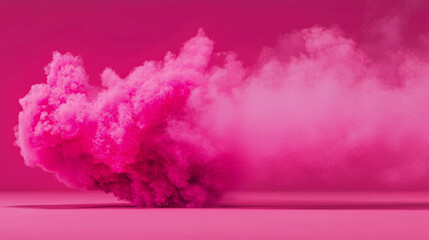 Fototapeta premium Powerful explosion of bright pink holi powder gracefully dispersing into light, airy cloud on complementary vibrant magenta stage