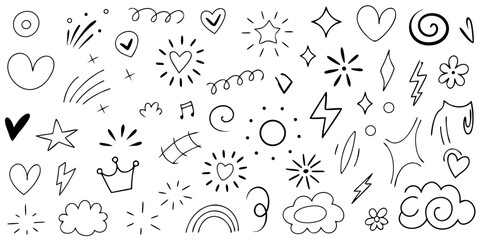 Hand Drawn Doodle Elements Set Hearts Stars Swirls Clouds and Sparkles