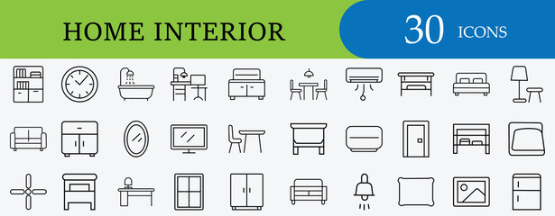 Stylish home interior icon set featuring furniture, living room, bedroom, and bathroom essentials. Perfect for decor, lifestyle, and modern house design projects