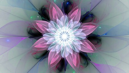 Pastel pink and blue fractal flower, radiating light, intricate details