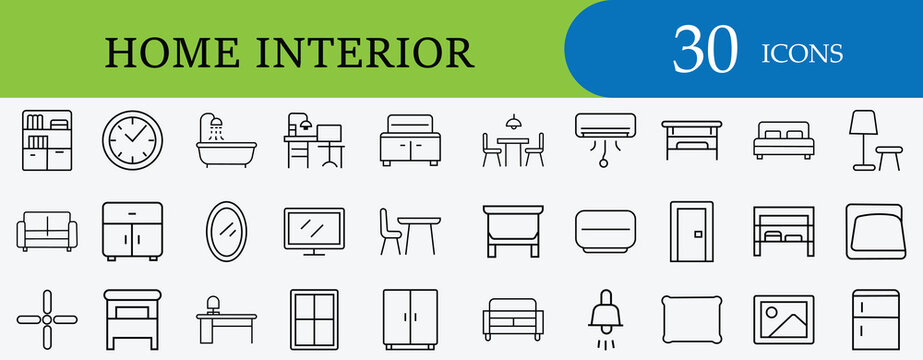 Stylish home interior icon set featuring furniture, living room, bedroom, and bathroom essentials. Perfect for decor, lifestyle, and modern house design projects