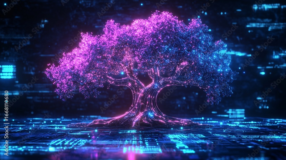 Poster digital tree glowing with vibrant colors in a futuristic landscape of technological elements