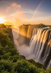 Magnificent panoramic view of the majestic waterfalls with a vibrant rainbow