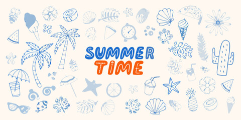 Summer Time Doodle Collection with Palm Trees Seashells and Tropical Elements