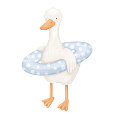 Watercolor funny cute goose with rubber ring. Hand drawn illustration isolated on white background for childish book and card © Elena