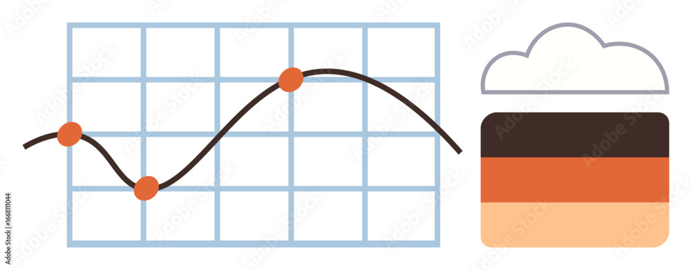 Poster line chart with data points on a grid, color palette swatches, and cloud outline. ideal for data vis